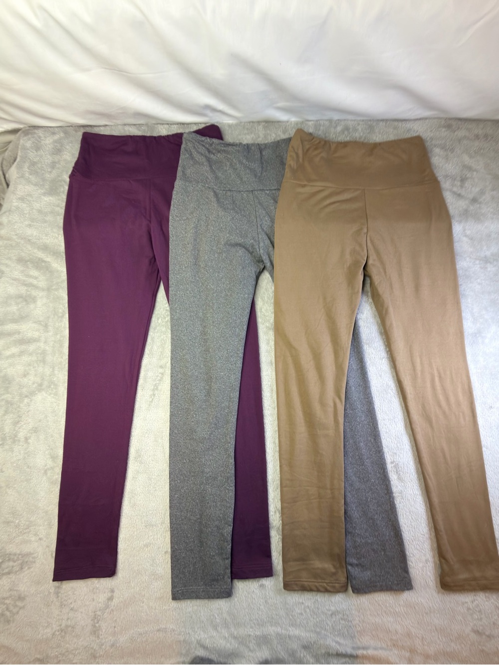 Three-Pack Women's High-Waist Leggings in Plum, Gray, and Tan